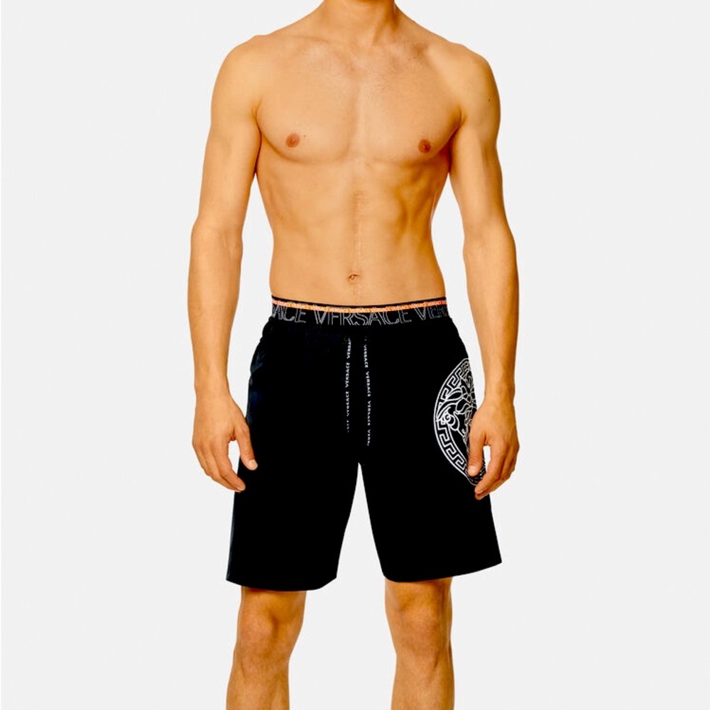 VERSACE Logo Waistband Medusa Greca Print Long Board Swim Beach Shorts NEW Tag